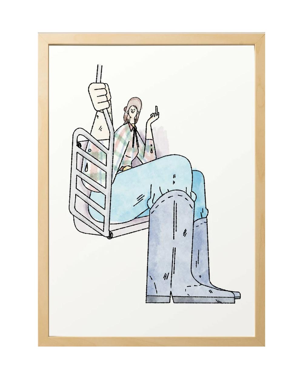 Sergio Membrillas NYC Cowboy FineArt Print: Illustration eines lässigen Skifahrers mit Hut im Skilift, Mittelfinger zeigend. Erhältlich in DinA4 und DinA3, auf hochwertigem Hahnemühle Papier gedruckt.