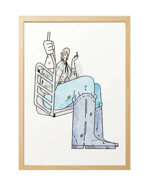 Sergio Membrillas NYC Cowboy FineArt Print: Illustration eines lässigen Skifahrers mit Hut im Skilift, Mittelfinger zeigend. Erhältlich in DinA4 und DinA3, auf hochwertigem Hahnemühle Papier gedruckt.