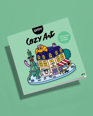 Cozy Art Coloring - Malbuch - Paris: Cartoonhaftes Pariser Szenario mit Café de Paris, Eiffelturm-Charakter, lächelnder Kaffeetasse und Croissant mit Beret. 28 ausmalbare Illustrationen.