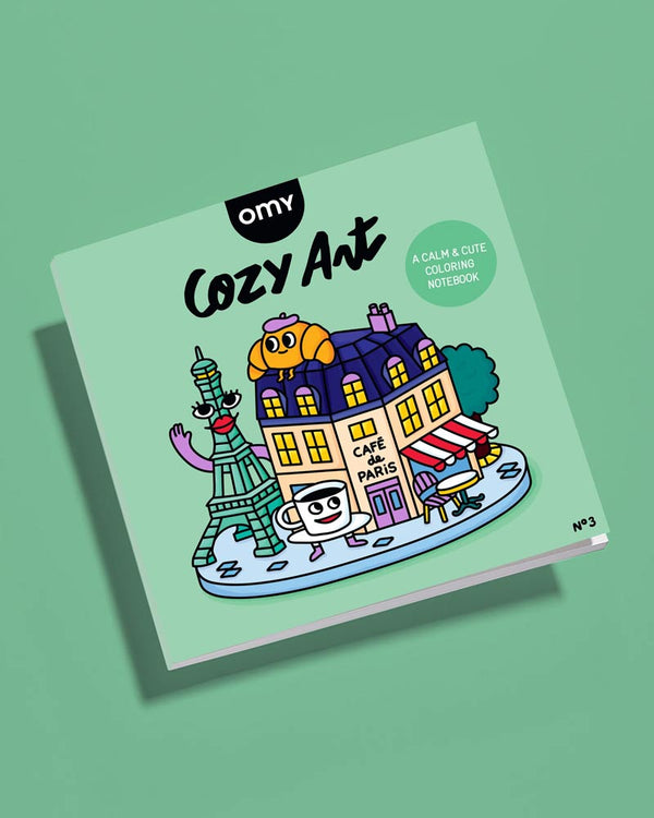 Cozy Art Coloring - Malbuch - Paris: Cartoonhaftes Pariser Szenario mit Café de Paris, Eiffelturm-Charakter, lächelnder Kaffeetasse und Croissant mit Beret. 28 ausmalbare Illustrationen.