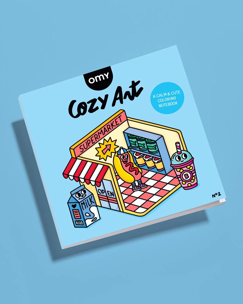Cozy Art Coloring Notebook - Malbuch - Supermarket: Ein kleines Malbuch mit 28 heraustrennbaren Seiten, fröhliche Supermarkt-Szenen, inklusive lächelnder Hot-Dog-Figur und fröhlichem Milchcarton.