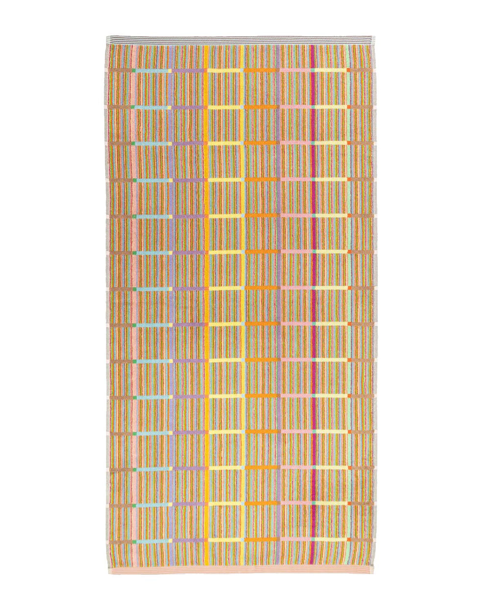 Odds & Ends Badehandtuch #68 Criss Cross: Rechteckiges Baumwolltuch mit schmalen, mehrfarbigen Streifen, bildet ein subtiles Gittermuster. Maße 60x80 cm, schwere Qualität.