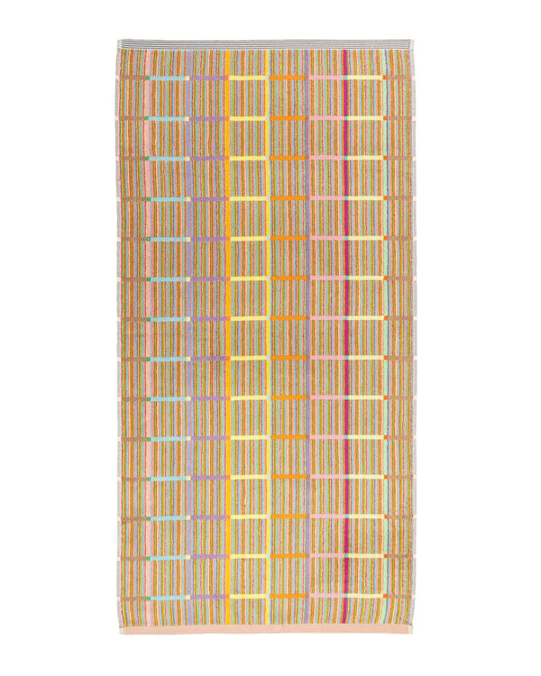 Odds & Ends Badehandtuch #68 Criss Cross: Rechteckiges Baumwolltuch mit schmalen, mehrfarbigen Streifen, bildet ein subtiles Gittermuster. Maße 60x80 cm, schwere Qualität.