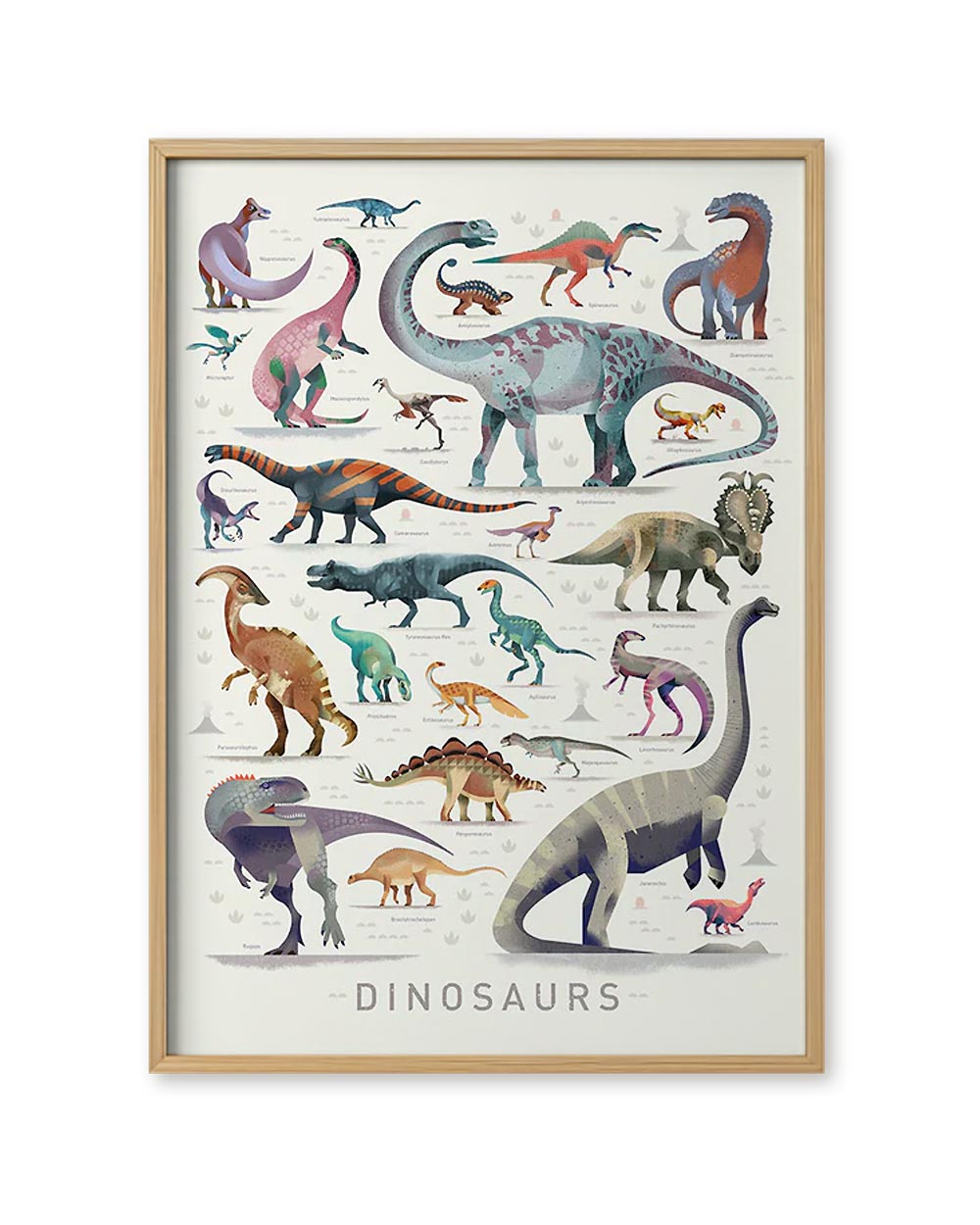 Dinosaurs Poster (50 x 70cm) von Dieter Braun, illustriert zahlreiche Dinosaurierarten mit wissenschaftlichen Namen, gerahmt in hellem Holz, modern und grafisch gestaltet.