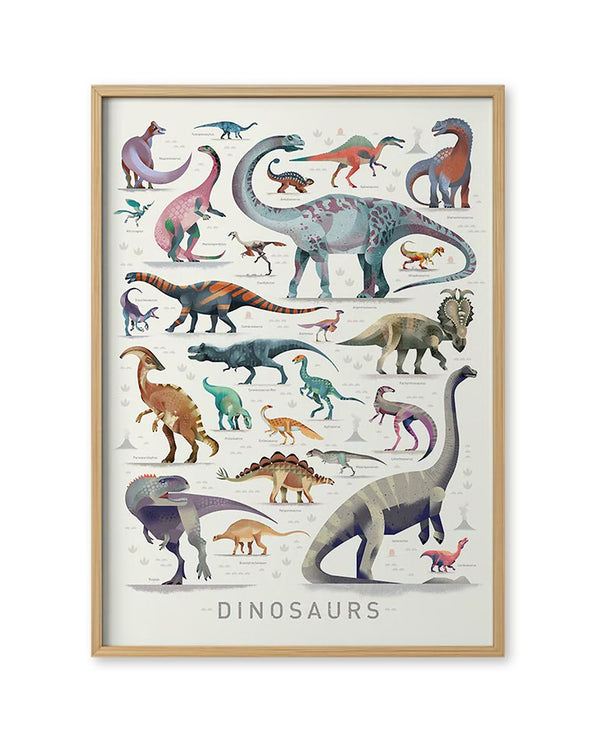 Dinosaurs Poster (50 x 70cm) von Dieter Braun, illustriert zahlreiche Dinosaurierarten mit wissenschaftlichen Namen, gerahmt in hellem Holz, modern und grafisch gestaltet.