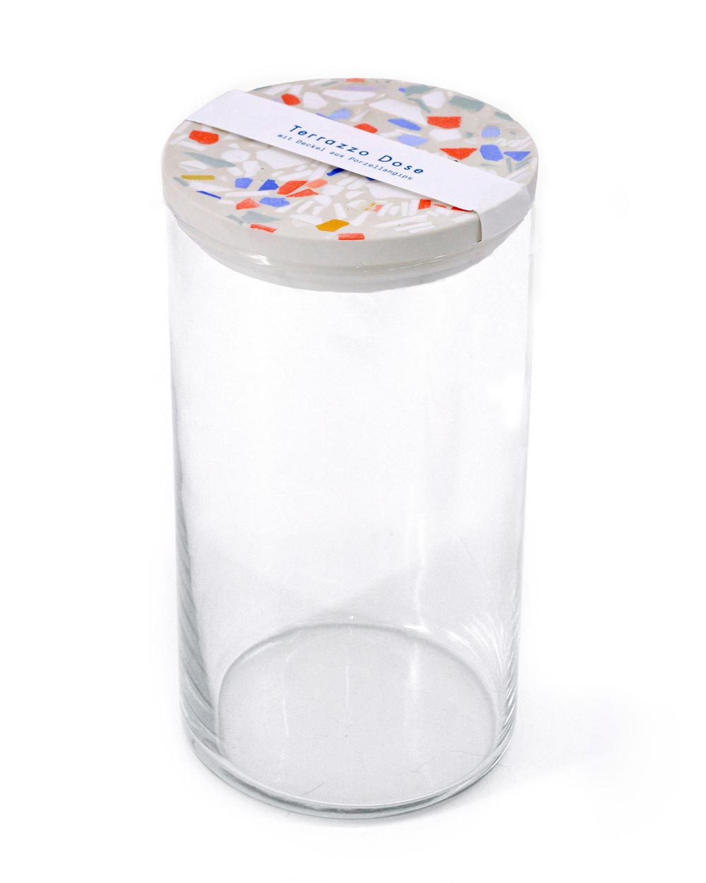 Dose Groß 1480ml Terrazzo Bold Sand: Hohe Glasdose mit einzigartigem Terrazzo-Deckel aus Porzellangips, handgefertigt in Niedersachsen. Ideal als dekorativer Aufbewahrungsbehälter.