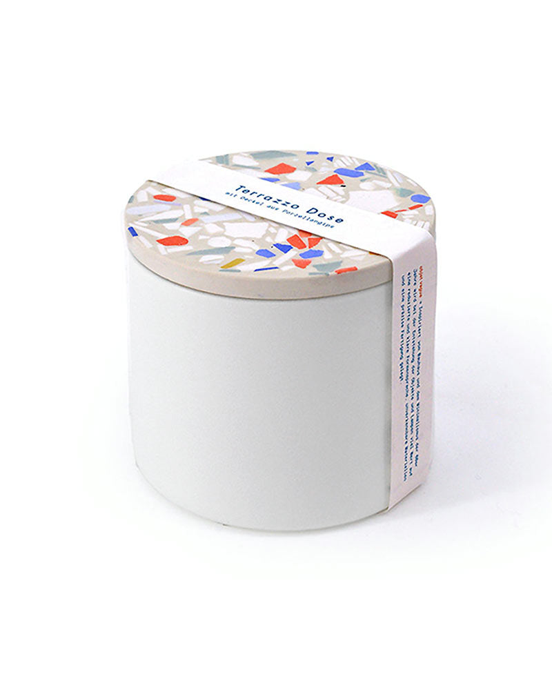 Dose 700ml Terrazzo Bold Sand Lux, weißer Glasbehälter mit einzigartigem handgefertigtem Terrazzo-Deckel, ideal zur stilvollen, luftdichten Aufbewahrung von Küchen- und Badezimmerartikeln.