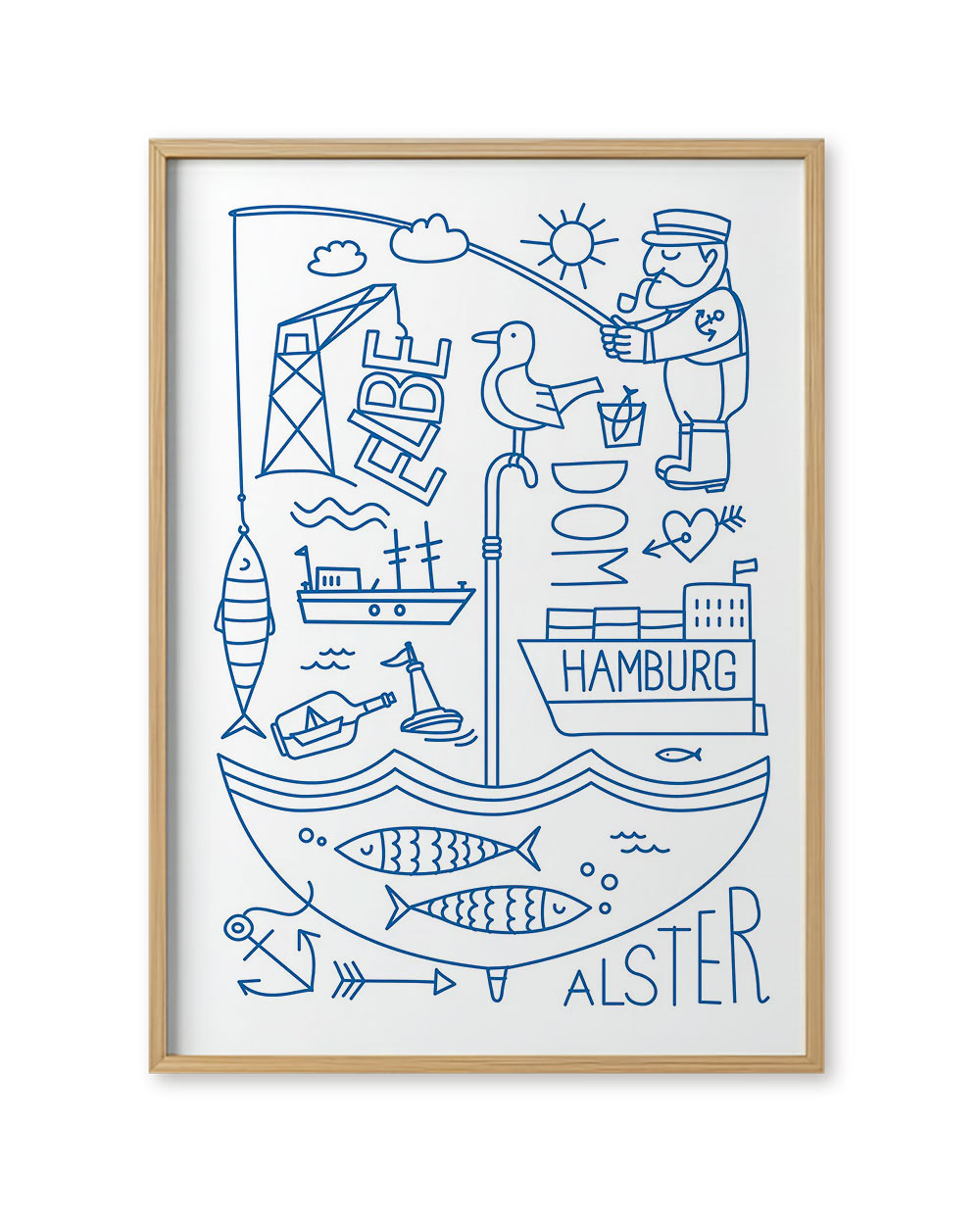 Hamburg Elbe Alster Poster: Minimalistisches Design mit Hafenmotiven, inklusive Kapitän, Fisch, Schiff und symbolischen Elementen, auf 250g/m² mattem Papier, ungerahmt, von zwox.