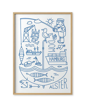 Hamburg Elbe Alster Poster: Minimalistisches Design mit Hafenmotiven, inklusive Kapitän, Fisch, Schiff und symbolischen Elementen, auf 250g/m² mattem Papier, ungerahmt, von zwox.