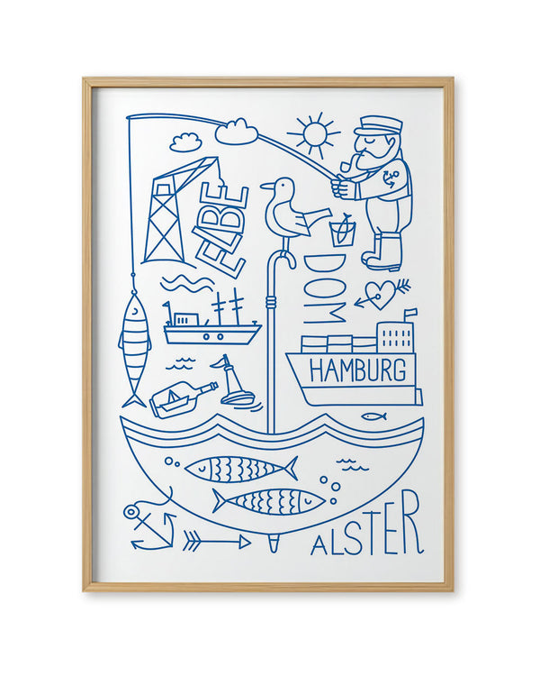 Hamburg Elbe Alster Poster: Minimalistisches Design mit Hafenmotiven, inklusive Kapitän, Fisch, Schiff und symbolischen Elementen, auf 250g/m² mattem Papier, ungerahmt, von zwox.