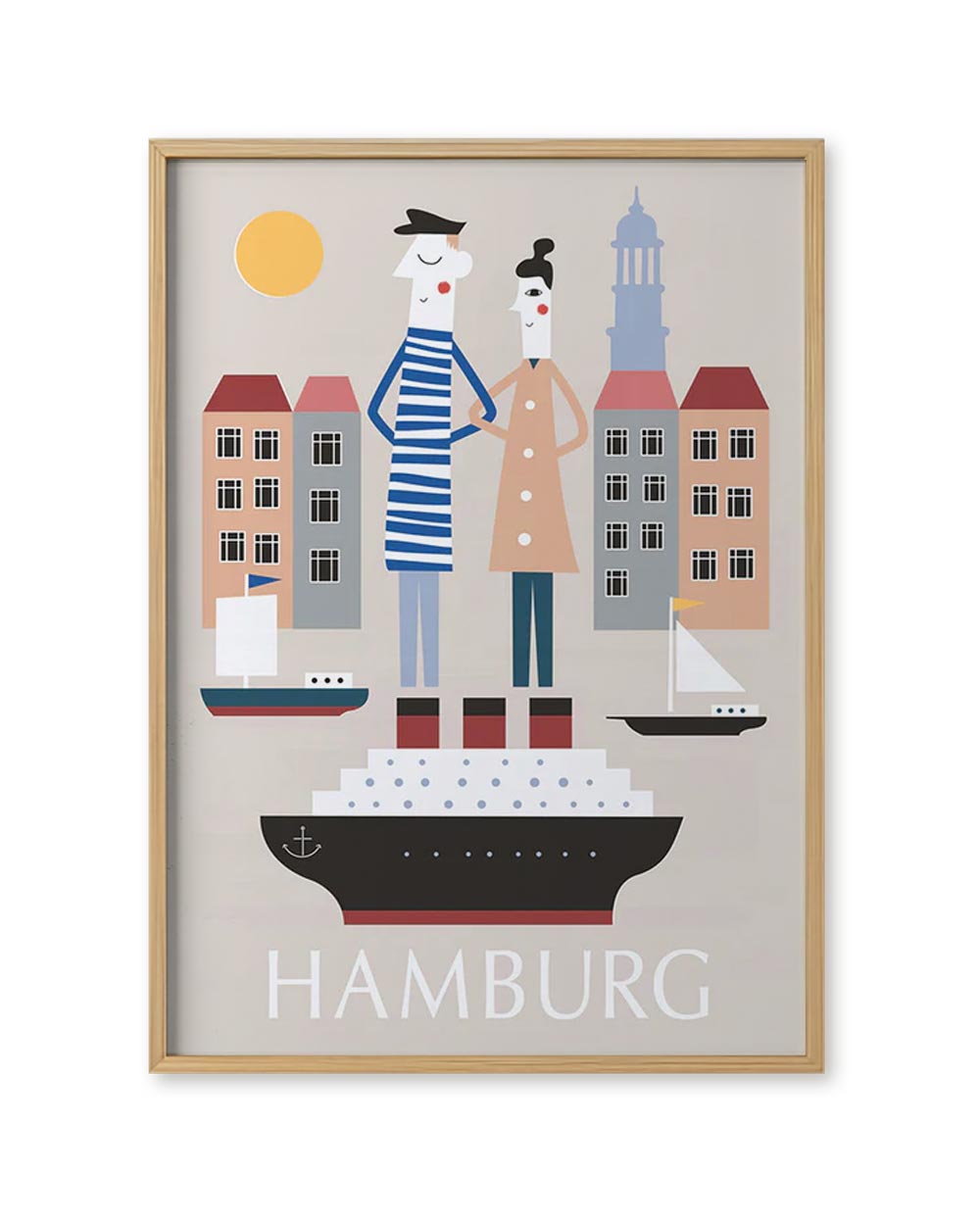 Hamburg Elbsonne Poster: Grafischer Kunstdruck mit Ozeandampfer, Segelbooten und Hamburger Stadtsilhouette, illustriert von Human Empire Studio. Format: Din A3 und 50x70cm.