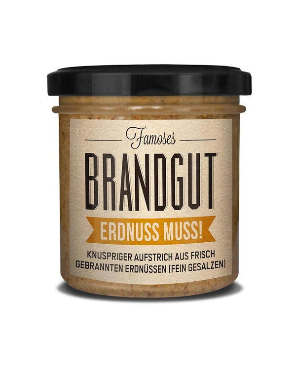 Glas Erdnuss muss! - Creme aus gebrannten Erdnüssen mit Meersalz von Brandgut, knuspriger Brotaufstrich aus gerösteten und leicht gesalzenen Erdnüssen, geeignet für Feinkostliebhaber.