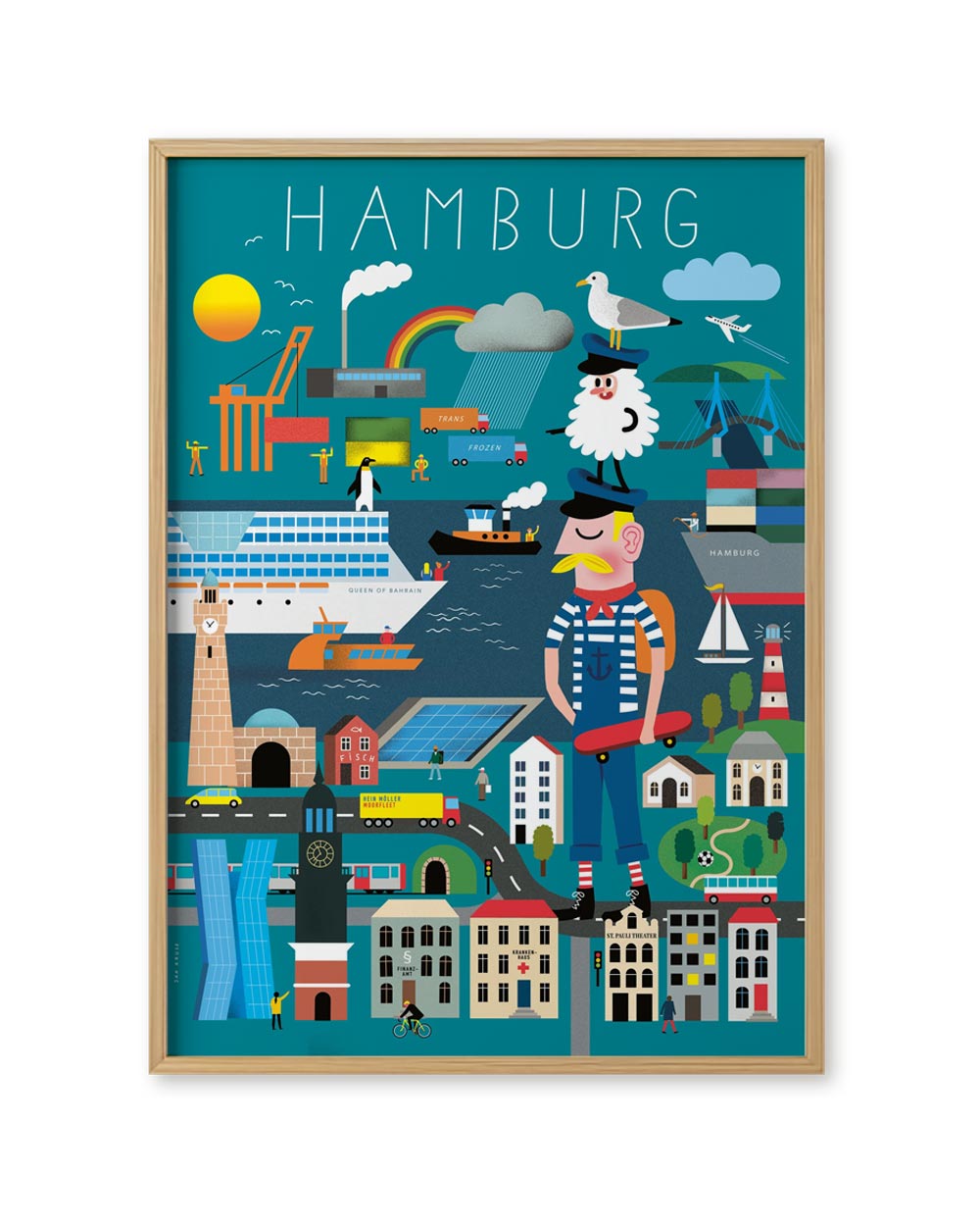 Hamburg Erklärbuch Poster: Buntes Hafenmotiv mit Wahrzeichen wie Elbphilharmonie, Michel und Cartoon-Matrose. Gedruckt auf 250g/m² Papier, 50x70 cm. Design von Jan Kruse.