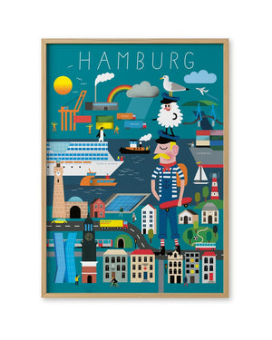 Hamburg Erklärbuch Poster: Buntes Hafenmotiv mit Wahrzeichen wie Elbphilharmonie, Michel und Cartoon-Matrose. Gedruckt auf 250g/m² Papier, 50x70 cm. Design von Jan Kruse.