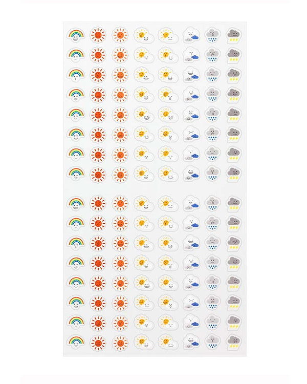 Midori Sticker Feelings Weather: Stickerbogen mit niedlichen Wetter-Icons, perfekt zum Dekorieren von Planern oder Tagebüchern. Enthält Regenbögen, Sonnen, Wolken und Blitze. Hergestellt in Japan.