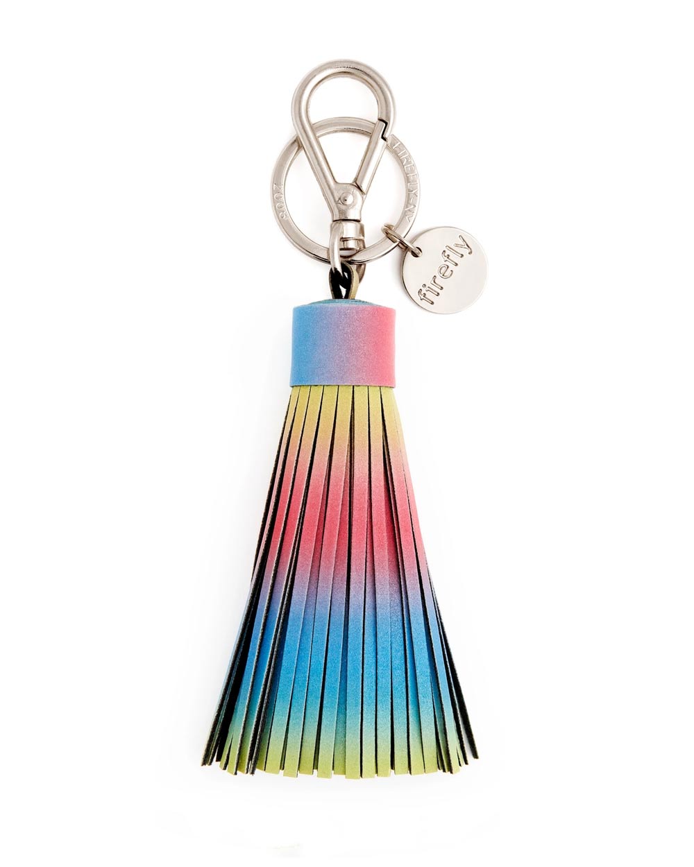 Weicher Quastenreflektor Holographic: Dekorativer Schlüsselanhänger mit Metallring, Karabinerhaken, Firefly-Logo und regenbogenfarbener Quaste, ideal als modisches Accessoire.