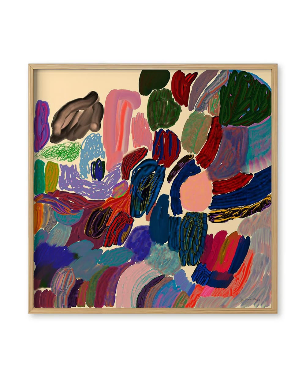 Flower Garden FineArt Print von Jan Kruse: Abstrakte, farbenfrohe Pinselstriche auf beigem Hintergrund. Limitierter, handsignierter Kunstdruck auf Hahnemühle Papier, ohne Rahmen.