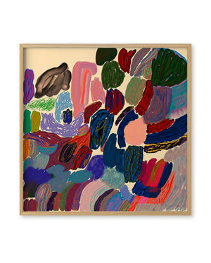 Flower Garden FineArt Print von Jan Kruse: Abstrakte, farbenfrohe Pinselstriche auf beigem Hintergrund. Limitierter, handsignierter Kunstdruck auf Hahnemühle Papier, ohne Rahmen.