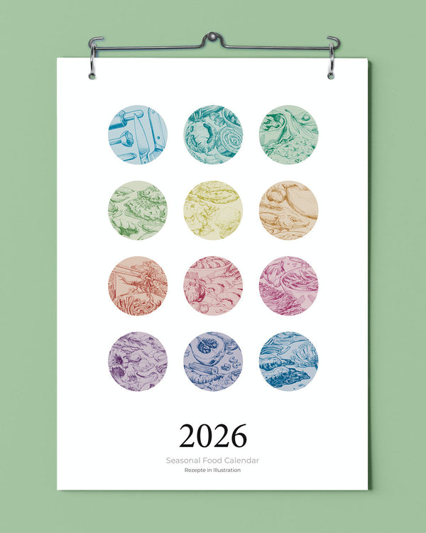 Minimalistischer Poster des Seasonal Food Kalender 2026 mit zwölf illustrierten Kreisen für saisonale Zutaten, entwickelt von Wil und illustriert von Johanna. Enthält saisonale Rezepte.