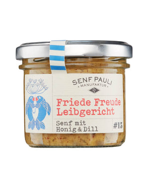 Glas Senf Pauli Friede Freude Leibgericht: Honig & Dill Senf, 110 ml, handgemacht. Ideal für Fischgerichte, Rohkost, Käse, oder als Brotaufstrich. Vegan und regional produziert.