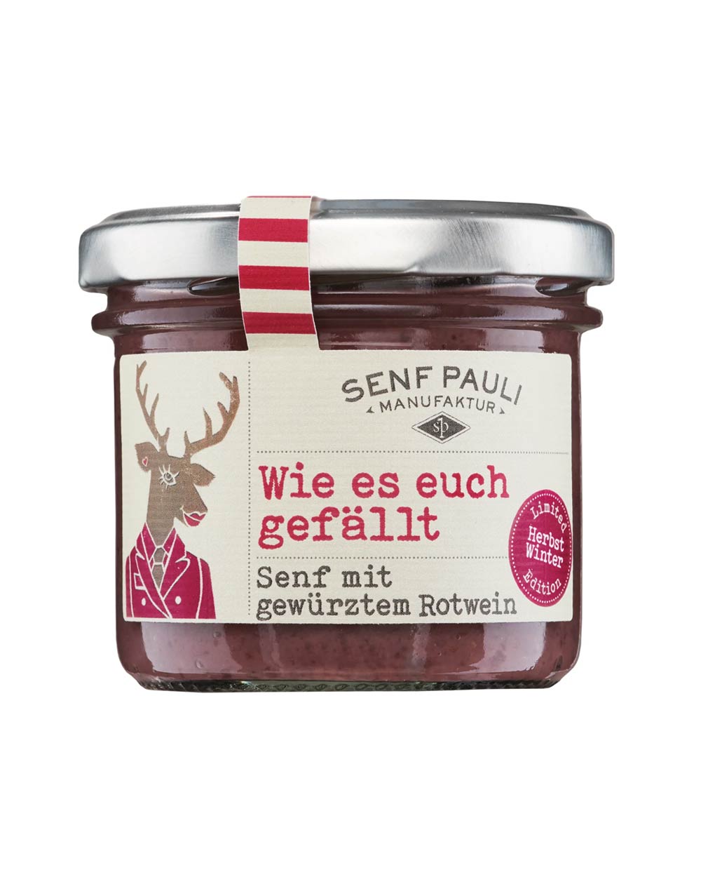 Senf Pauli Glas mit Wie es euch gefällt: Senf mit gewürztem Rotwein, Limited Edition, stylisierter Hirsch auf dem Etikett, ideal für Herbst-Wintergerichte.