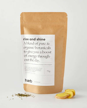 Haerb Bio Teemischung Rise & Shine - Guayusa, Mate und Orangenöl in Kraftpapierbeutel mit losen Teeblättern und frischem Ingwer, 75g, energiesteigernd.