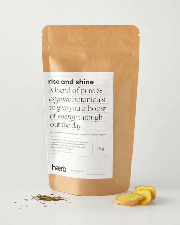 Haerb Bio Teemischung Rise & Shine - Guayusa, Mate und Orangenöl in Kraftpapierbeutel mit losen Teeblättern und frischem Ingwer, 75g, energiesteigernd.