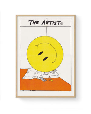 RFI-Risodruck (DinA3) Happiness von Anna Haifisch: Ein humorvoller Kunstdruck mit einem Smiley auf einer unordentlichen Matratze, kommentierend Kreativität und Chaos.