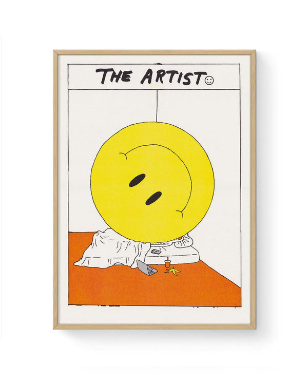 RFI-Risodruck (DinA3) Happiness von Anna Haifisch: Ein humorvoller Kunstdruck mit einem Smiley auf einer unordentlichen Matratze, kommentierend Kreativität und Chaos.