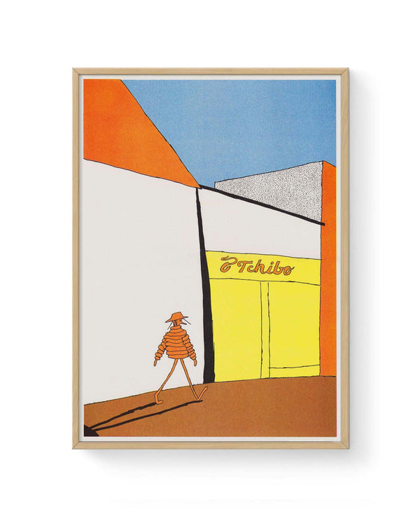 RFI-Risodruck (DinA3) Tchibo von Anna Haifisch: Ein grafischer Kunstdruck mit stilisierter Straßenszene, zentral eine Figur vor gelbem Tchibo-Geschäft, passend für Human Empire Shop's Kunstsortiment.