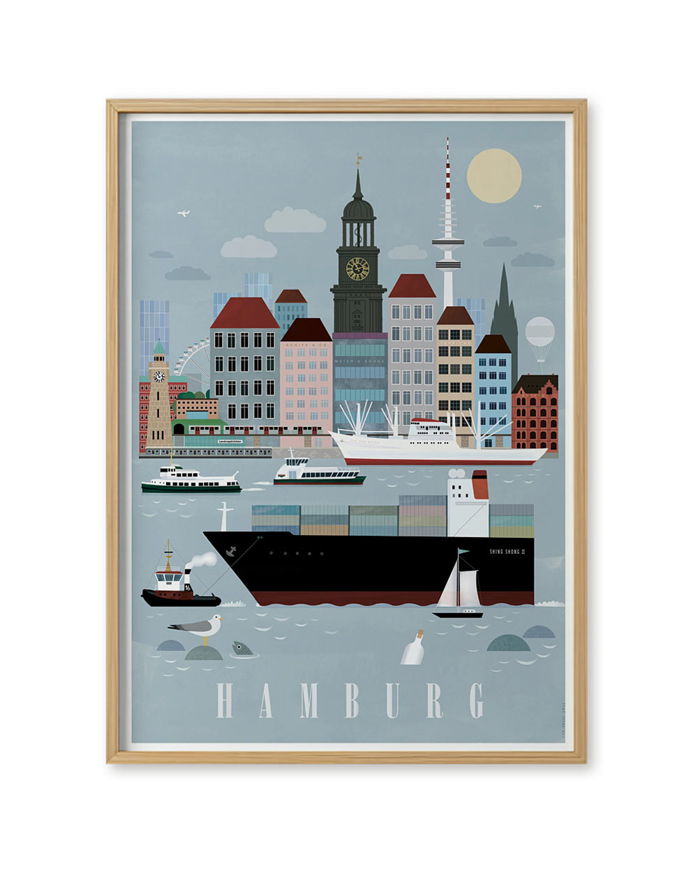 Hamburg City Poster: Stilisiertes Stadtbild und Hafen von Hamburg, mit Elbe, Schiffen, Möwe, Flaschenpost, ikonischen Gebäuden und HAMBURG Schriftzug. Ideal für Liebhaber der Hansestadt.
