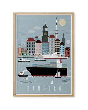 Hamburg City Poster: Stilisiertes Stadtbild und Hafen von Hamburg, mit Elbe, Schiffen, Möwe, Flaschenpost, ikonischen Gebäuden und HAMBURG Schriftzug. Ideal für Liebhaber der Hansestadt.