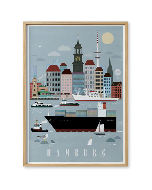 Hamburg City Poster: Stilisiertes Stadtbild und Hafen von Hamburg, mit Elbe, Schiffen, Möwe, Flaschenpost, ikonischen Gebäuden und HAMBURG Schriftzug. Ideal für Liebhaber der Hansestadt.