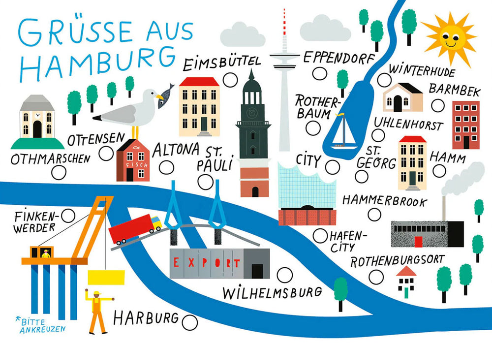 Hamburg Stadtteilkarte Weiss Postkarte