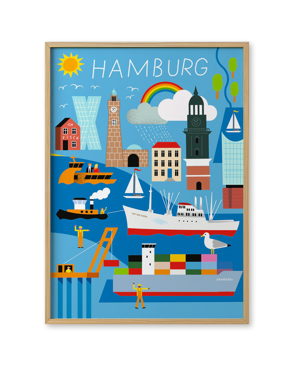 Poster Hamburg Rainbow Hellblau zeigt stilisierte Hamburger Wahrzeichen und Hafenszene, gedruckt auf A3 Offsetpapier. Entworfen von Jan Kruse, Teil der Human Empire Kollektion.