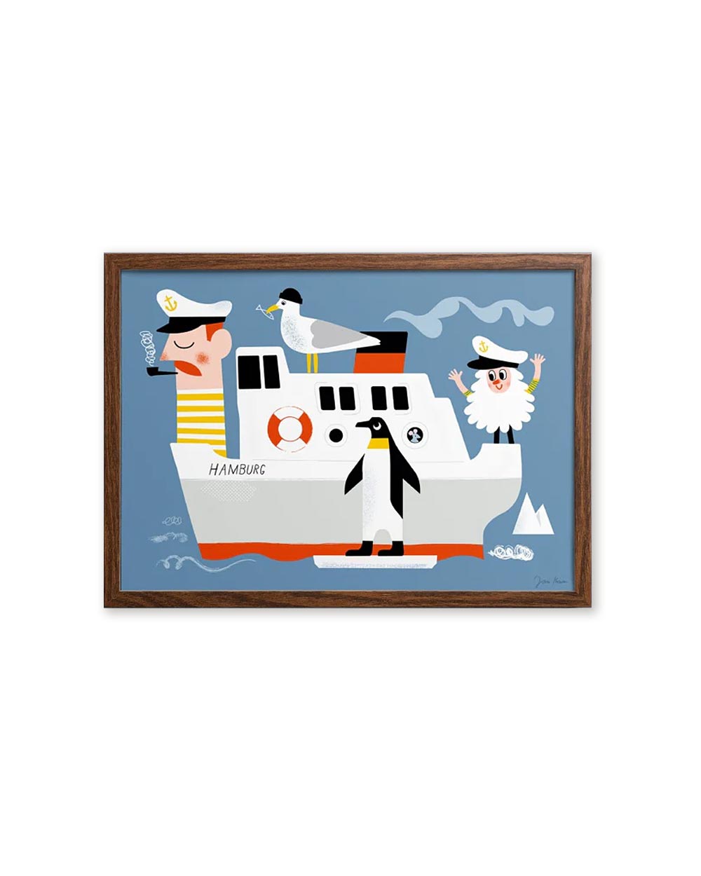 Hamburgs Schiffe Poster (Din A3) mit cartoonartiger Illustration: Schiff mit zwei Kapitänen, Möwe, Pinguin und Eisberg auf dekorativem Print, passend zur Hamburg-Kollektion von Human Empire Studio.