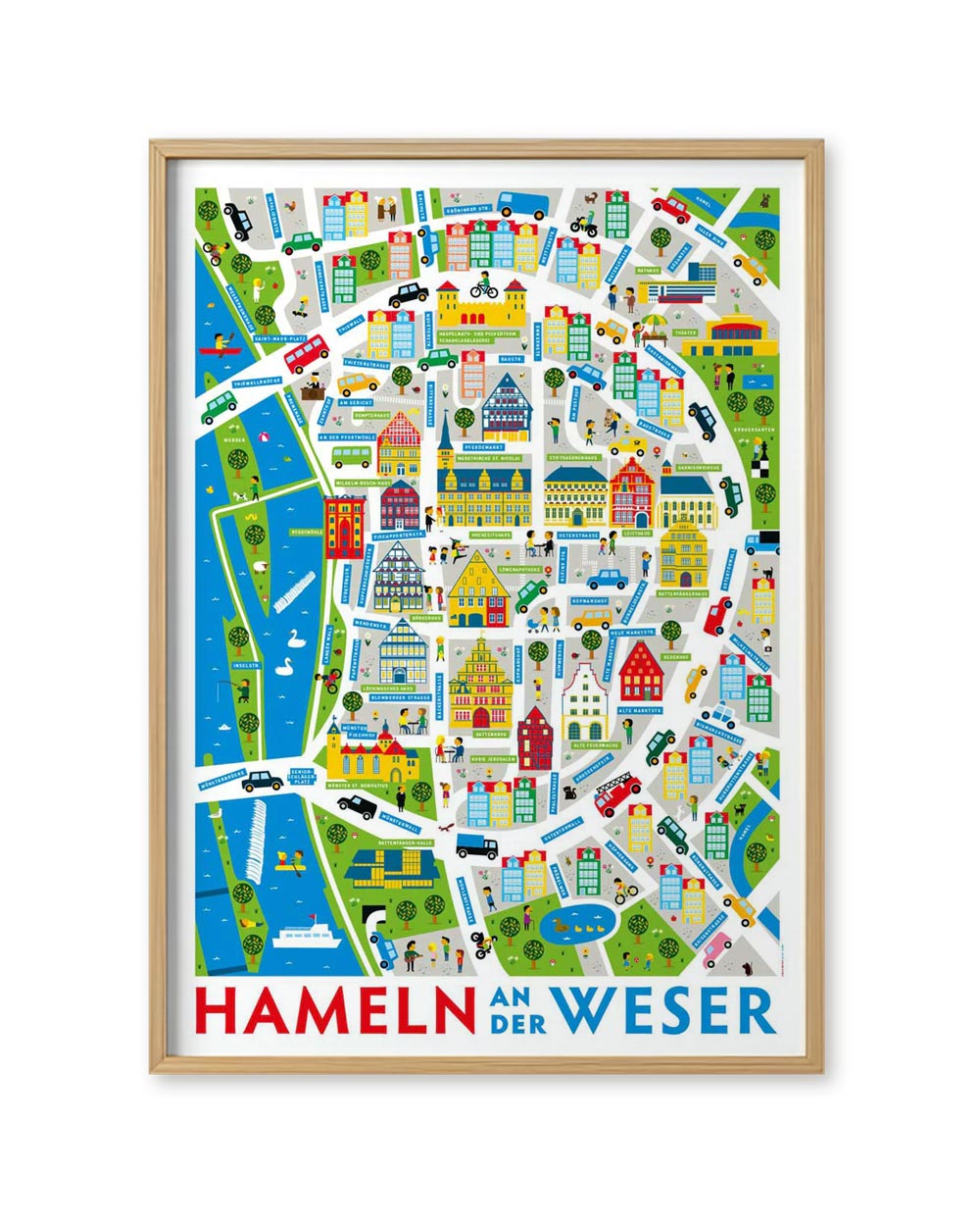 Hameln an der Weser Poster (50 x 70cm): Verspielte, stilisierte Stadtkarte mit bunten Fachwerkhäusern, Straßen, Weser-Fluss, Parks und Beschriftungen, auf hochwertigem Offsetpapier.