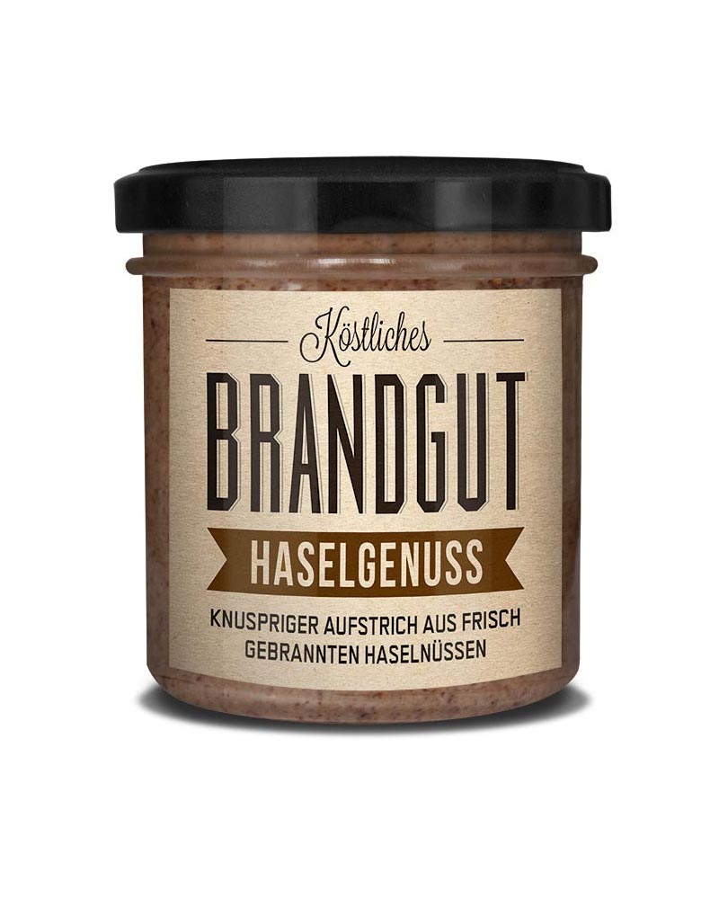 Haselgenuss - Creme aus gebrannten Haselnüssen mit Meersalz in einem Glas, knuspriger Aufstrich ohne Zusatzstoffe. Ideal zum Rühren und Genießen, 10 Monate haltbar.