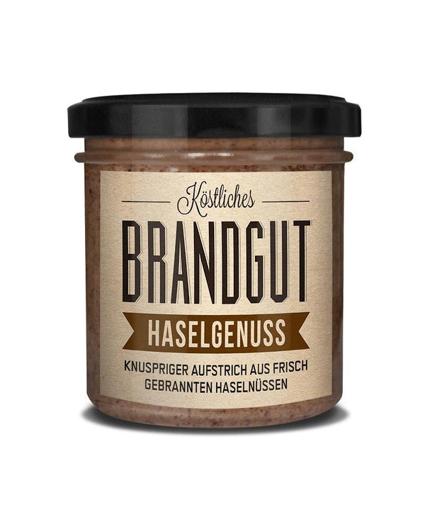Haselgenuss - Creme aus gebrannten Haselnüssen mit Meersalz in einem Glas, knuspriger Aufstrich ohne Zusatzstoffe. Ideal zum Rühren und Genießen, 10 Monate haltbar.