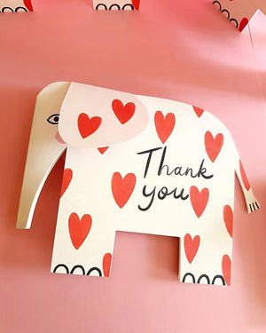 Stehender Elefant Thank You Klappkarte aus der Shaped Collection mit roten Herzmotiven, hergestellt aus nachhaltigem Papier, exklusiv bei Kitty Kenda Papergoods erhältlich.