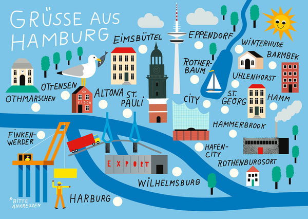 Hamburg Stadtteilkarte Hellblau Postkarte