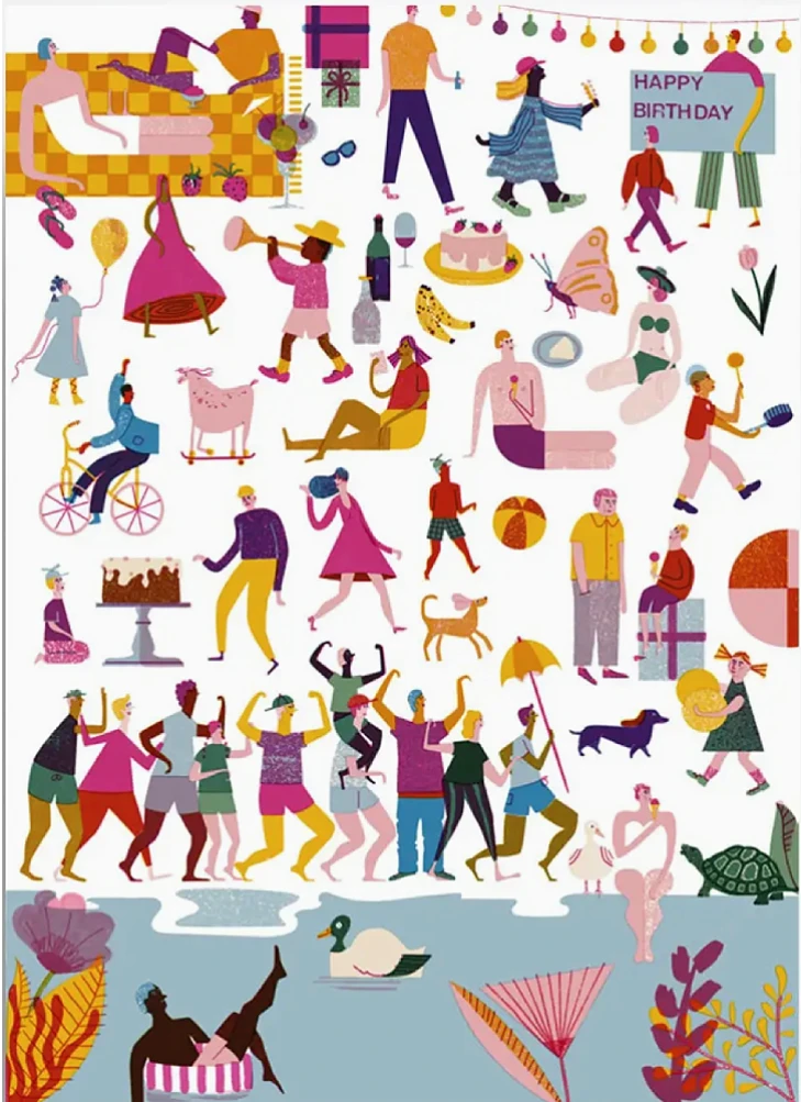 Party Crowd Postkarte zeigt bunte, alltägliche und festliche Szenen mit Menschen und Tieren, illustriert von Barbara Dziadosz. Perfekt für Geburtstagsgrüße, gedruckt auf hochwertigem Papier.