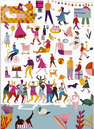 Party Crowd Postkarte zeigt bunte, alltägliche und festliche Szenen mit Menschen und Tieren, illustriert von Barbara Dziadosz. Perfekt für Geburtstagsgrüße, gedruckt auf hochwertigem Papier.