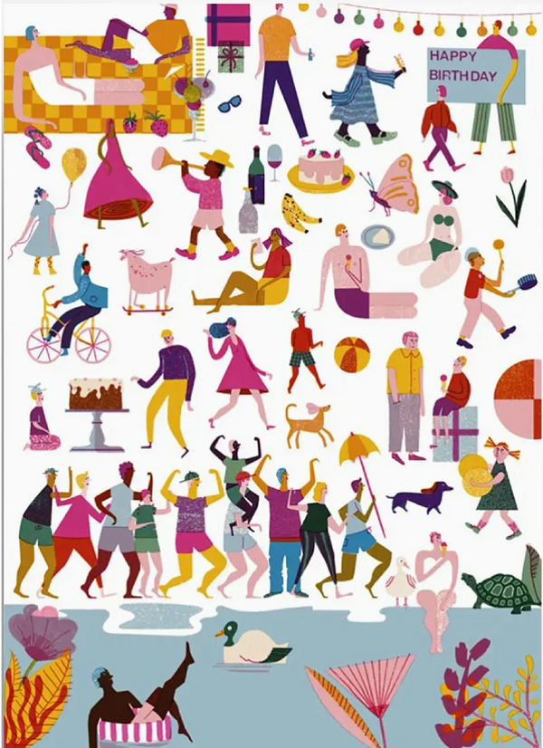 Party Crowd Postkarte zeigt bunte, alltägliche und festliche Szenen mit Menschen und Tieren, illustriert von Barbara Dziadosz. Perfekt für Geburtstagsgrüße, gedruckt auf hochwertigem Papier.