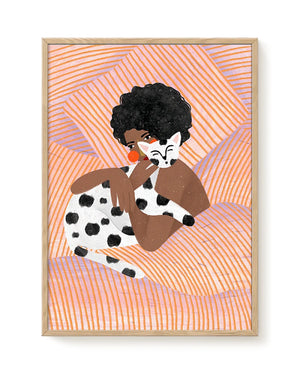 Cat Cuddle Print (30x40cm) von Bea Muller: Illustration einer Person mit braunen Tönen, die eine weiß-schwarz gefleckte Katze hält. Gedruckt auf luxuriösem Papier.