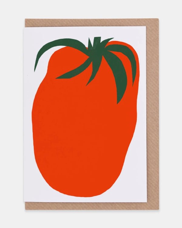 Big Tomato Klappkarte mit rotem Tomatenmotiv und grünem Blättertop, auf weißem Karton, inklusive braunem Kraftumschlag, illustriert von Marcello Velho für Evermade.