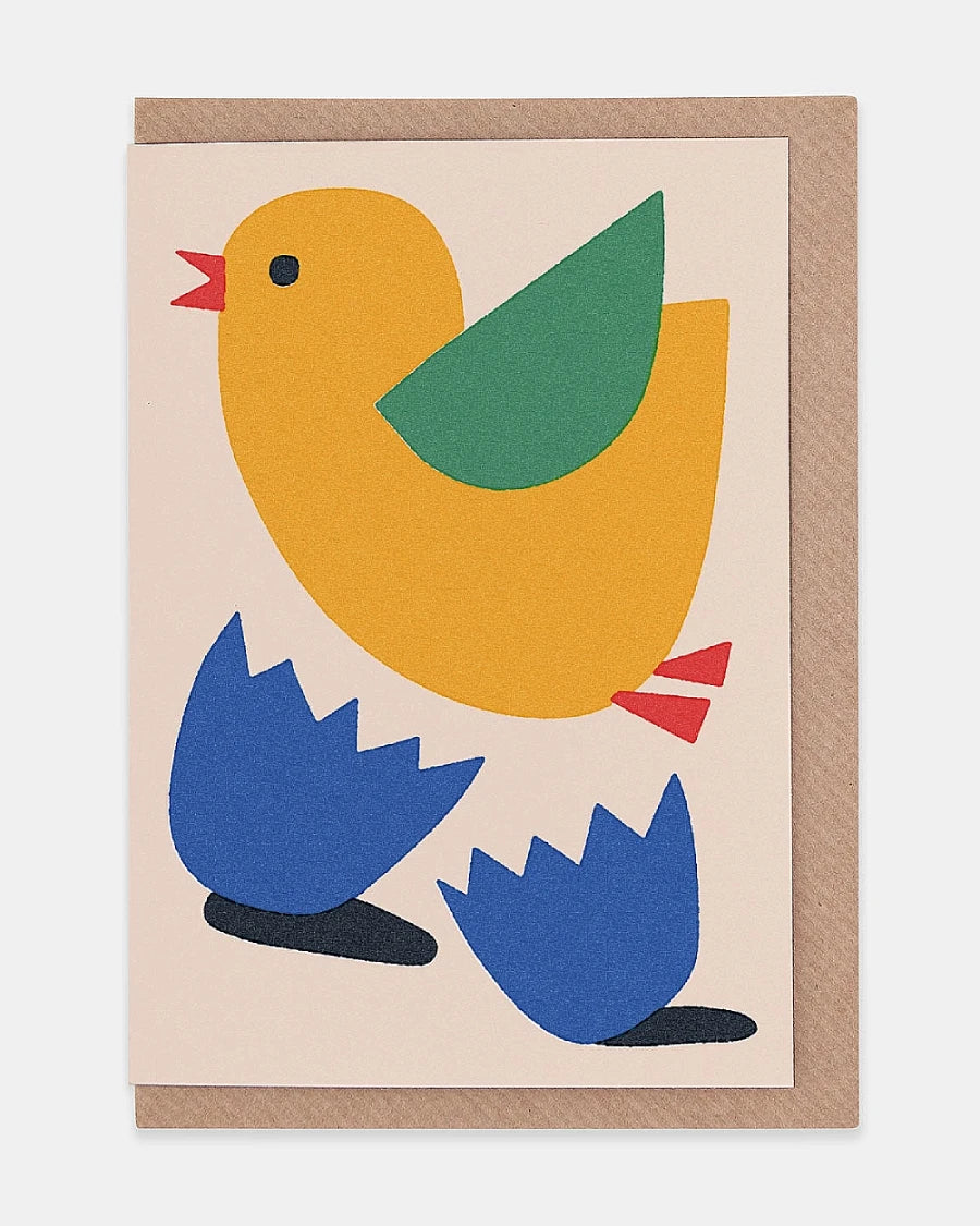 Little Chick Klappkarte mit Umschlag zeigt ein abstraktes Küken-Design von Sue Doeksen, gedruckt auf hochwertigem, FSC-zertifiziertem Karton. Perfekt für besondere Anlässe.