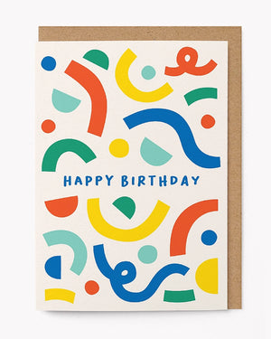 Geburtstagskarte Birthday Graphics mit bunten, abstrakten Konfetti-Motiven und blauer Aufschrift HAPPY BIRTHDAY, auf braunem Kraftpapier montiert. Hergestellt aus nachhaltigem FSC-Papier. Inklusive Umschlag.