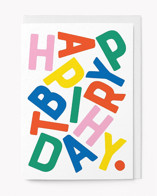 Birthday Big Typo Klappkarte mit großen bunten Buchstaben 'HAPPY BIRTHDAY', auf mattiertem, strukturiertem Papier. Inklusive Umschlag, FSC-zertifiziert, Din A6.