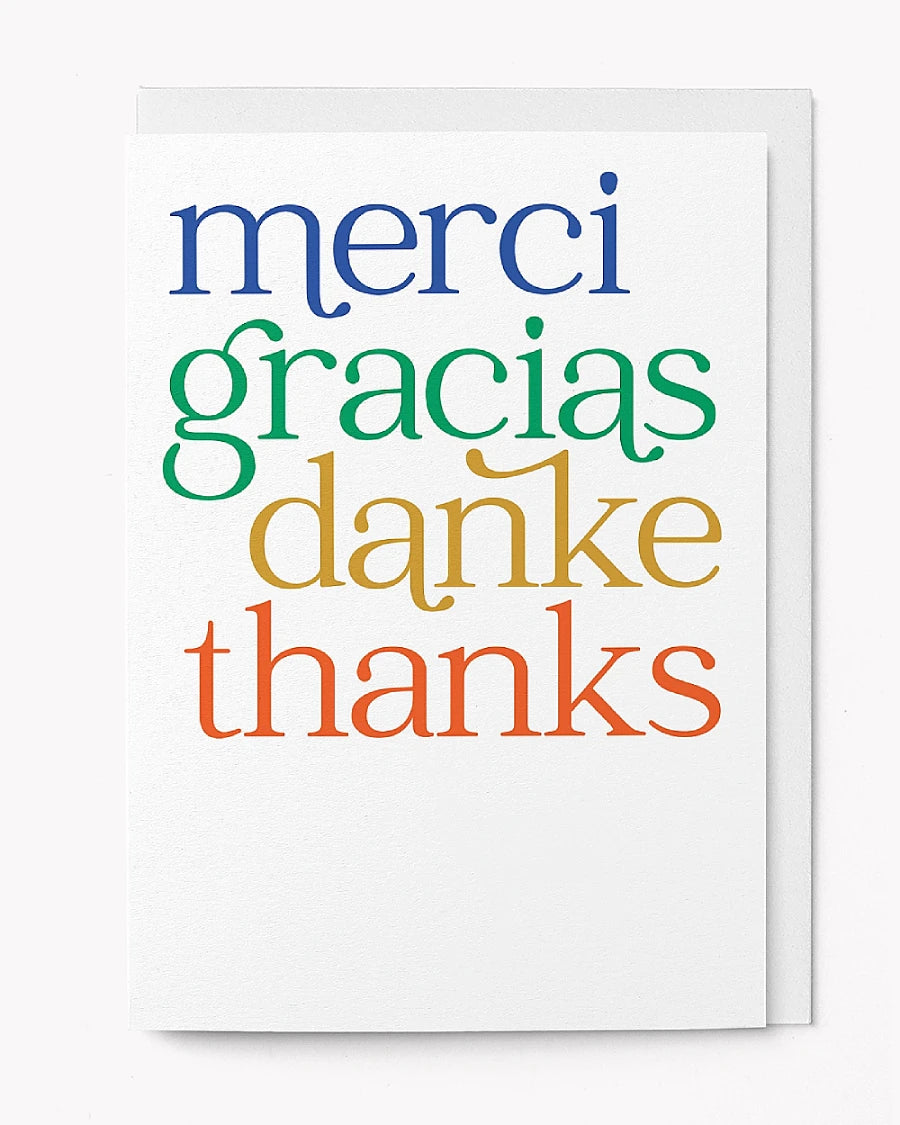 Faltkarte Merci Gracias Danke Thanks mit mehrsprachigem Dank auf strukturiertem, mattem Papier, inklusive Umschlag, von Graphic Factory, erhältlich bei Human Empire Shop.